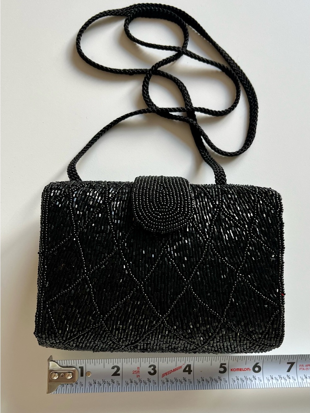 Vintage Black Glass Beaded Evening Bag Art Deco Clutch Crossbody Purse - Picture 8 of 9
